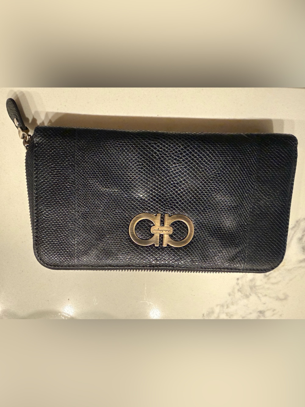 Salvatore Ferragamo Black Textured Leather Zip Wallet with Gold Gancini